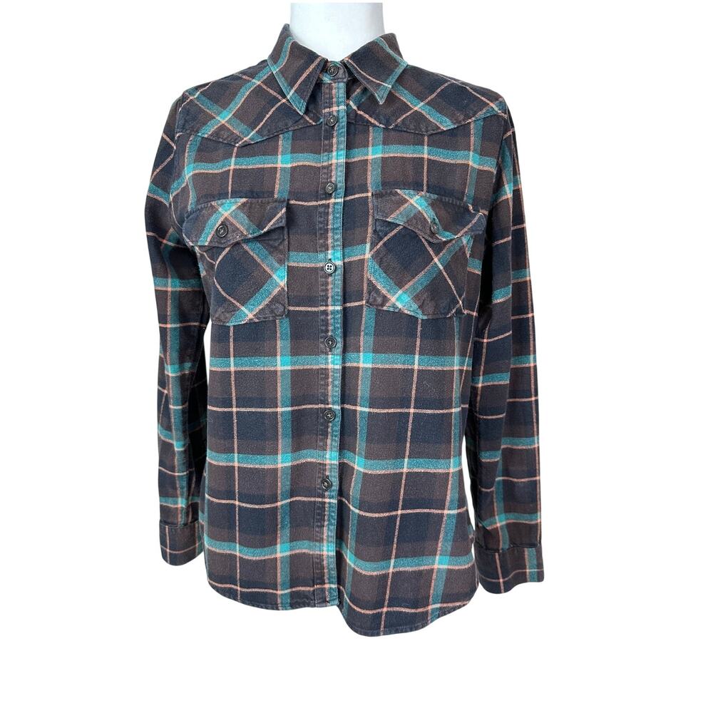 Shyanne Women's Plaid Flannel Shirt Western Pearl Snap Brown Turquoise Size L